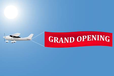 White plane with a banner grand opening in the sky, vector illustrationのイラスト素材