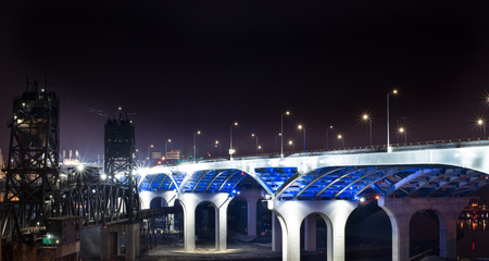 Cleveland city scape with I-90 in the foregound taken a nightの写真素材