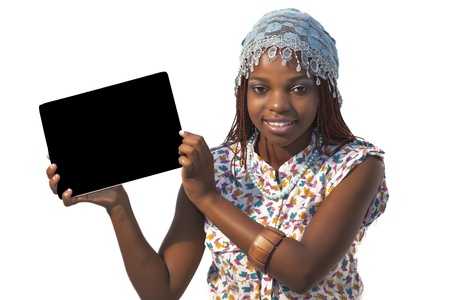 African Woman Holding a Blank black Sign against white backgroundの写真素材