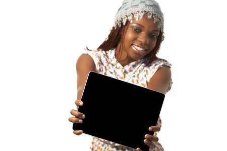 African Woman Holding a Blank black Sign against white backgroundの写真素材