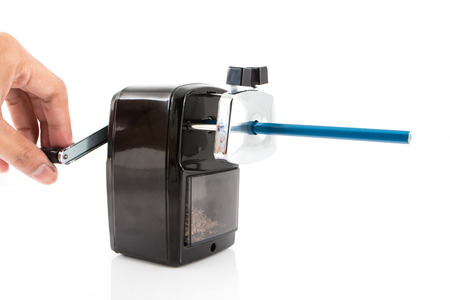 sharpener and colorful pencil isolated on white backgroundの写真素材