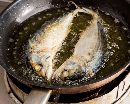 Frying fresh Mackerels in a pan.の写真素材