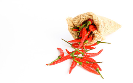 Red chili peppers in a sack bag on white background.の写真素材