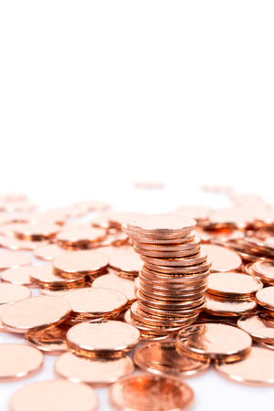 Stack of Thai Coins on white background,The minimum value of the baht.