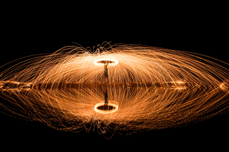 Paint lighting : Circle Painted by fire in night (light painting)の写真素材