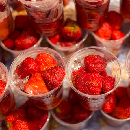 Close up strawberry stall in the market.の写真素材