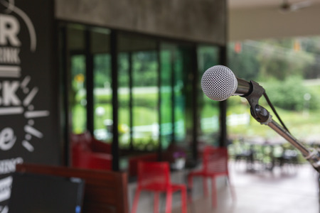microphone against the background of restaurant with copy space.(nobody)の写真素材