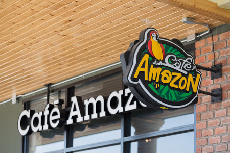 Udon Thani, Thailand - December 21, 2016: Cafe Amazon logo sign. Thai frachise coffee in Thailandのeditorial素材