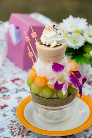 Close up of cantaloupe melon Ice cream or Bingsu.の写真素材