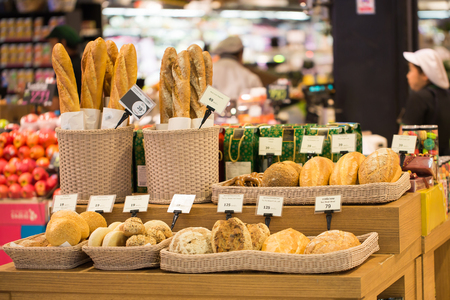 Variety of fresh bread in a supermarket.の写真素材
