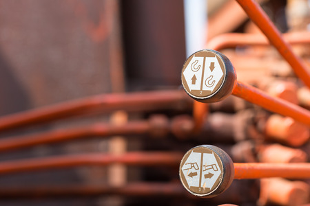 Close up of crane truck hydraulic control with copy space.の写真素材