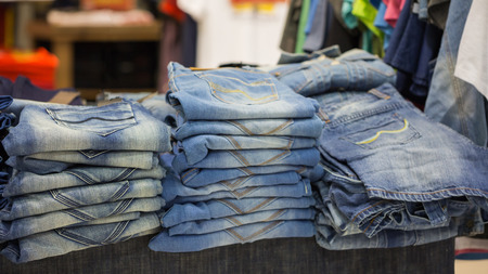 Blue jeans denim Collection jeans stacked.の写真素材