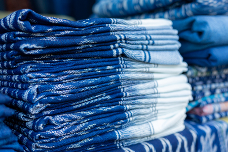 Indigo blue scarfes for the at the market,Thai Blue Indigo dyed clothの写真素材