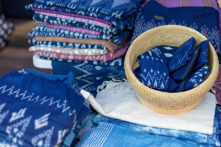 Indigo blue scarfes for the at the market,Thai Blue Indigo dyed clothの写真素材