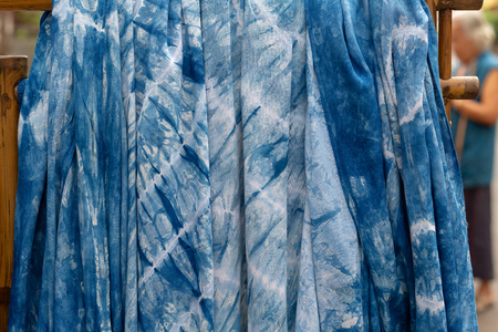 Indigo blue scarfes for the at the market,Thai Blue Indigo dyed clothの写真素材
