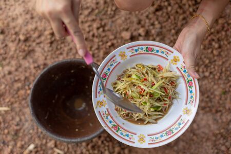 Green Papaya Salad (Som tum Thai).の写真素材