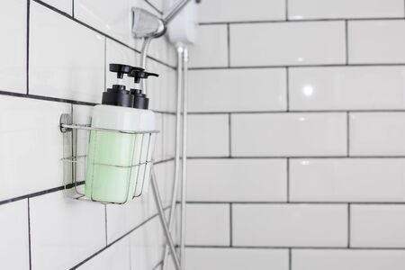 Modern hotel bathroom with Liquid soap, shampoo bottle.の写真素材