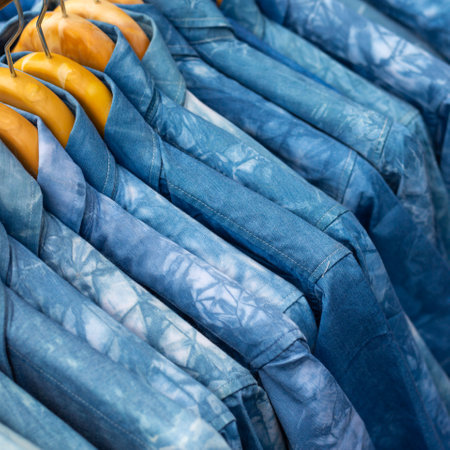 Indigo blue scarfes for the at the market,Thai Blue Indigo dyed clothの写真素材
