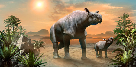 Paraceratherium with calf scene 3D illustrationの写真素材
