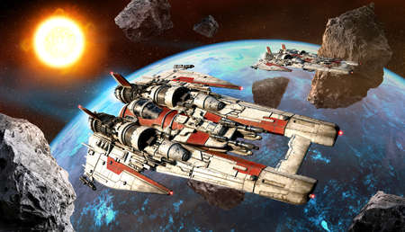 space fighters above planet 3D illustrationの写真素材