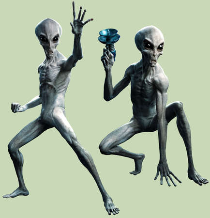 Grey aliens fighting 3D illustrationの写真素材