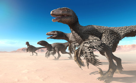 Dakotaraptor group hunting 3D illustrationの写真素材