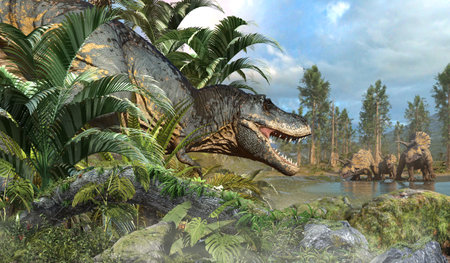 Tyrannosaurus rex stalking prey 3D illustrationの写真素材