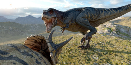 Tyrannosaurus and Triceratops from the Cretaceous era 3D illustrationの写真素材
