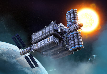 Space station in space 3D illustrationの写真素材