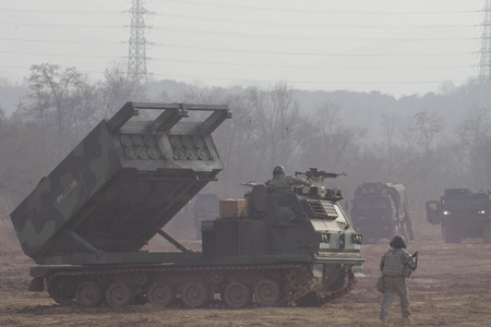 U.S. and South Korea military take part in an exercise at live fire range near DMZ in Jeongok, South...
