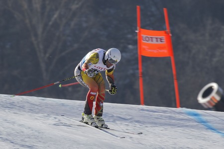 Frisch Jeffrey of CAN action on the slope during an AUDI Ski World Cup 2016/15 Exercise Day First at the Jeongsun Alphine Center in Jeongsun, South Korea.のeditorial素材