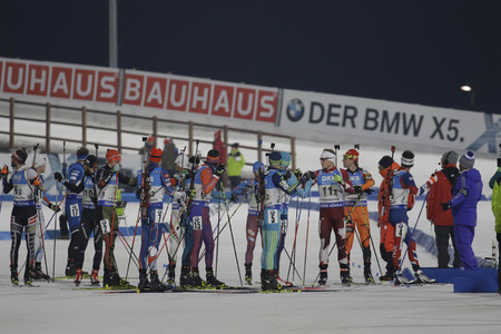 Players wait for exchange during an IBU Biathlon World Cup Men Relay 4X7.5Km at Alpensia Biathlon Center in Pyeong Chang, South Korea. Match First is France, Second is Austria and Third is Norwayのeditorial素材