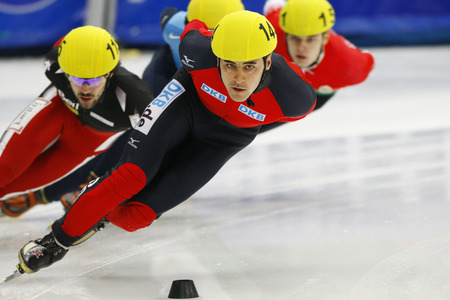 Heung Tyson, front, of the men's competitions in the men's men's 1000-meter heats of the 2009 ISU World Cup Short Track Speed ??Skating Championships on September 25, 2009 in Seoul, South Korea.のeditorial素材