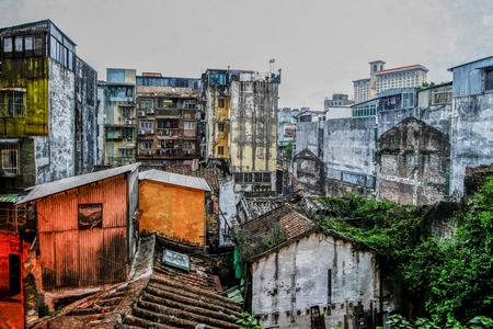 Oil painting of old village back street scene in Macau.