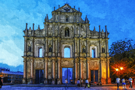 Oil painting of saint paulo catholic church evening scene in Macau.