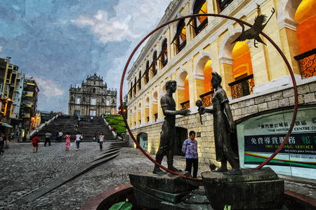 Oil painting of saint paulo catholic church near district evening scene in Macau.のeditorial素材