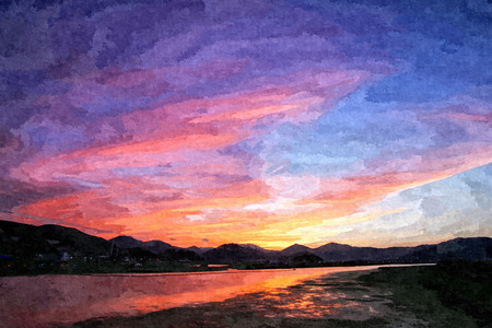 Oil painting of the beautiful sunset scene at the mouth of the Nakdong River in the south of Korea.の写真素材