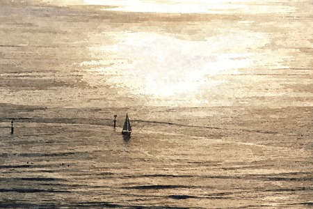 Oil paint of peaceful sunset with yacht sailing scene at ocean near Korea.の写真素材