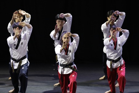 International taekwondo demonstration team members perform at Kukkiwon, the World Taekwondo Headquarters, in Seoul, South Korea.のeditorial素材