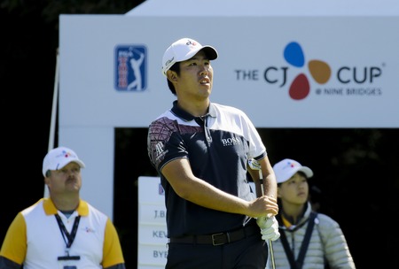 Byeong Hun An of South Korea action on the 1th tee during an PGA TOUR THE CJ CUP NINE BRIDGE DAY 2 at Nine Bridge CC in Jeju Island, South Korea.のeditorial素材