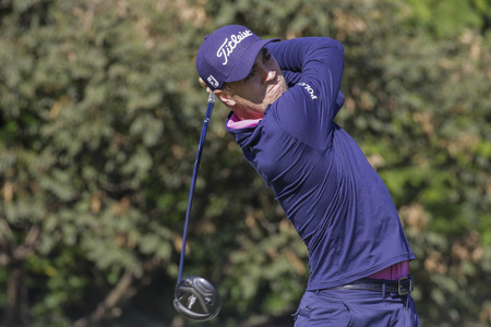 Justin Thomas of USA tee up on the 3th tee ground during an PGA TOUR CJ CUP NINE BRIDGE DAY 4 at Nine Bridge CC in Jeju Island, South Korea.のeditorial素材