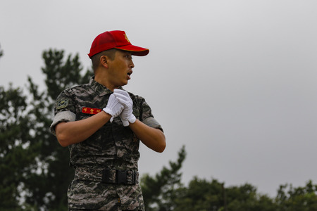 April 12, 2019-Pohang, South Korea-South Korean Marine Trainees take part in an 7week course basic...