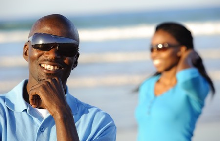 African American man is happy at the beachの写真素材