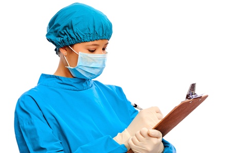 Medical professional writing on clipboard isolated on whiteの写真素材