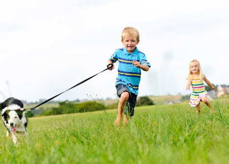 Young boy runs in a green field with his new pet with his sister following behind の写真素材
