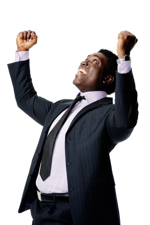 winning businessman is black and isolated on whiteの写真素材