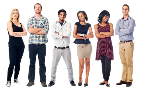 group of real confident people smiling arms crossed isolated on white