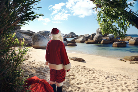 Father Christmas standing on a tropical beach admiring the viewの写真素材