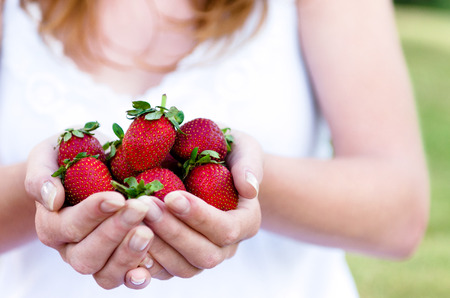 Woman in white dress holding in hands a bunch of freshly picked juicy red strawberries,  a healthy outdoor lifestyle conceptの写真素材