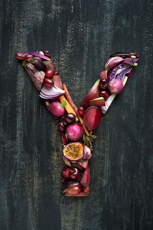 healthy alphabet fruit and vegetable concept for design layout and word spelling complete collectionの写真素材